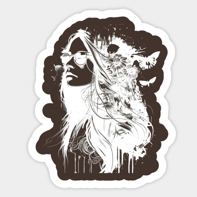 Black and white hippie portrait woman with flowers Sticker by Unelmoija